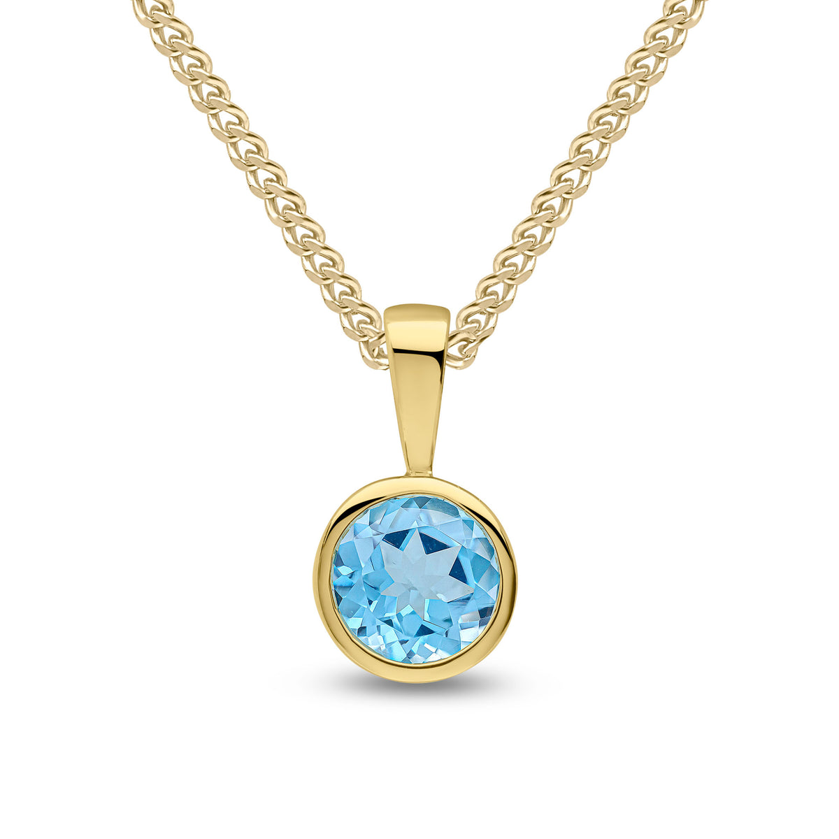 9CT YG 6MM ROUND SWISS BLUE TOPAZ RUBOVER PENDANT