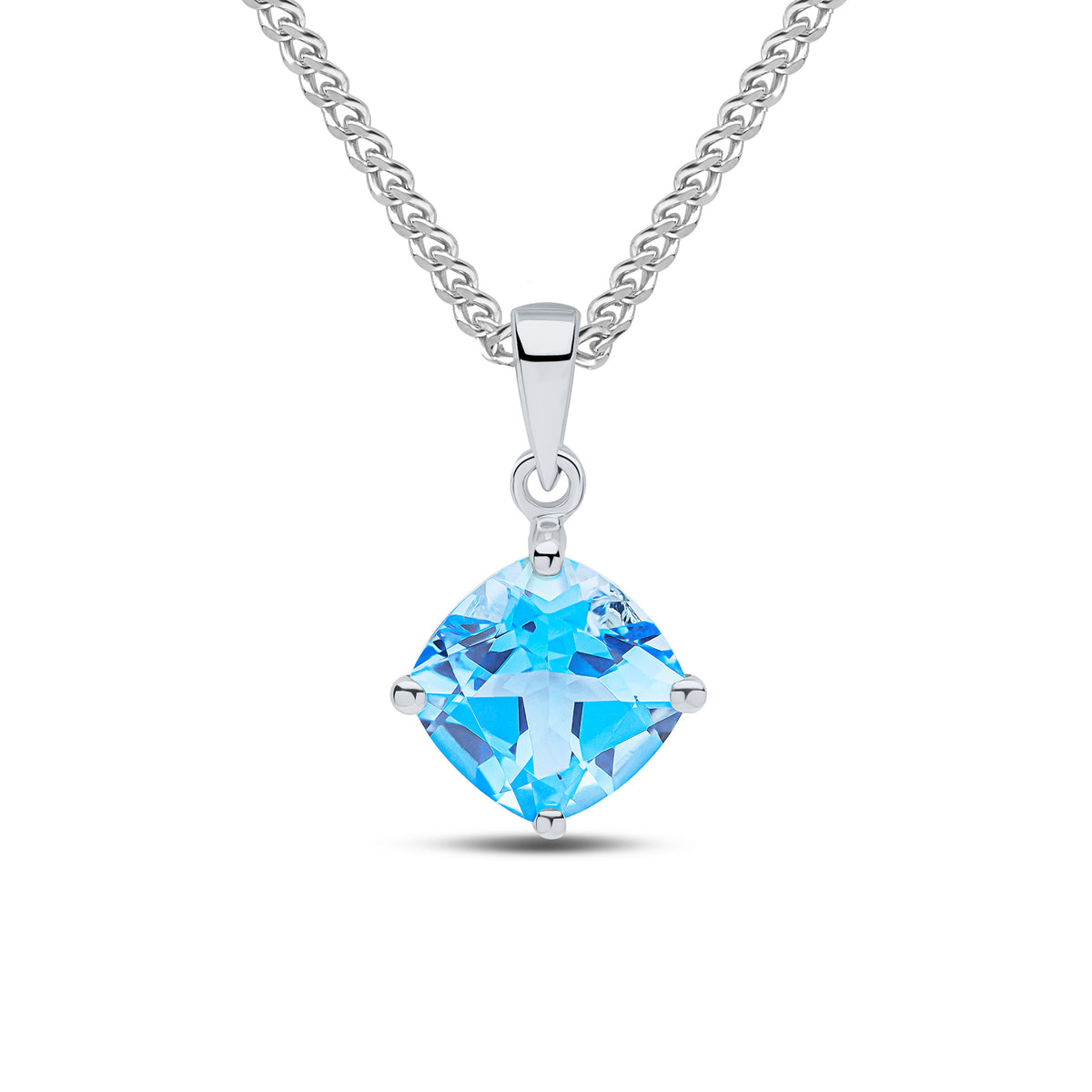 9CT WG 8MM CUSHION SWISS BLUE TOPAZ CLAW SET PENDANT