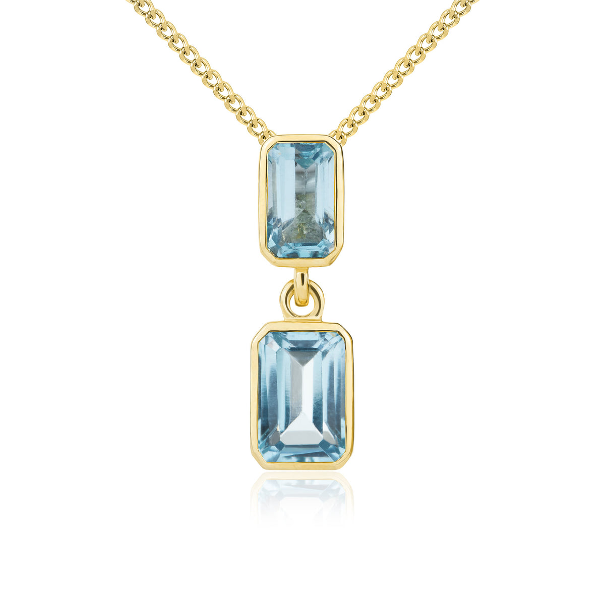 9CT YG OCTAGON SWISS BLUE TOPAZ 2ST RUBOVER DROP PENDANT