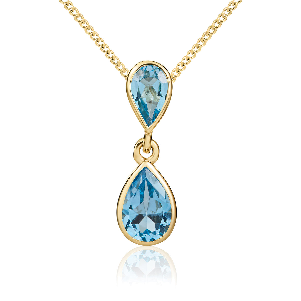 9CT YG PEARSHAPE SWISS BLUE TOPAZ RUBOVER 2ST DROP PENDANT