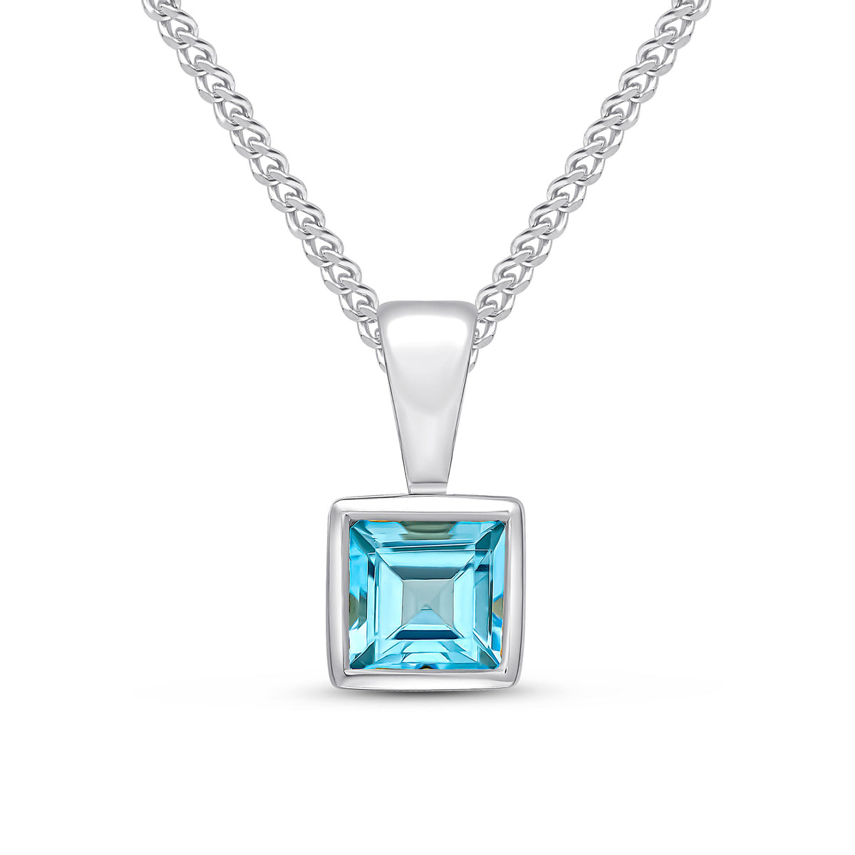 9CT WHITE GOLD 4MM SQUARE SWISS BLUE TOPAZ RUBOVER PENDANT