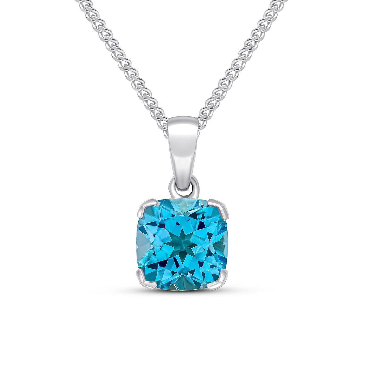 9CT WG 8MM CUSHION SWISS BLUE TOPAZ CLAW SET PENDANT