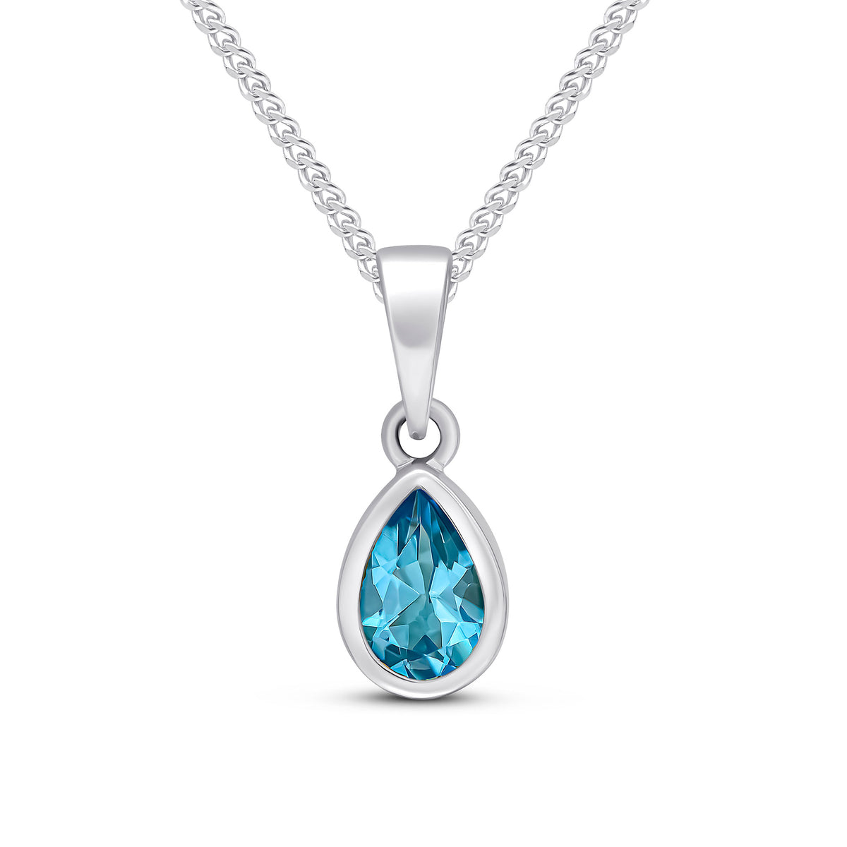 9CT WG 6X4 PEARSHAPE SWISS BLUE TOPAZ RUBOVER SINGLE STONE PENDANT