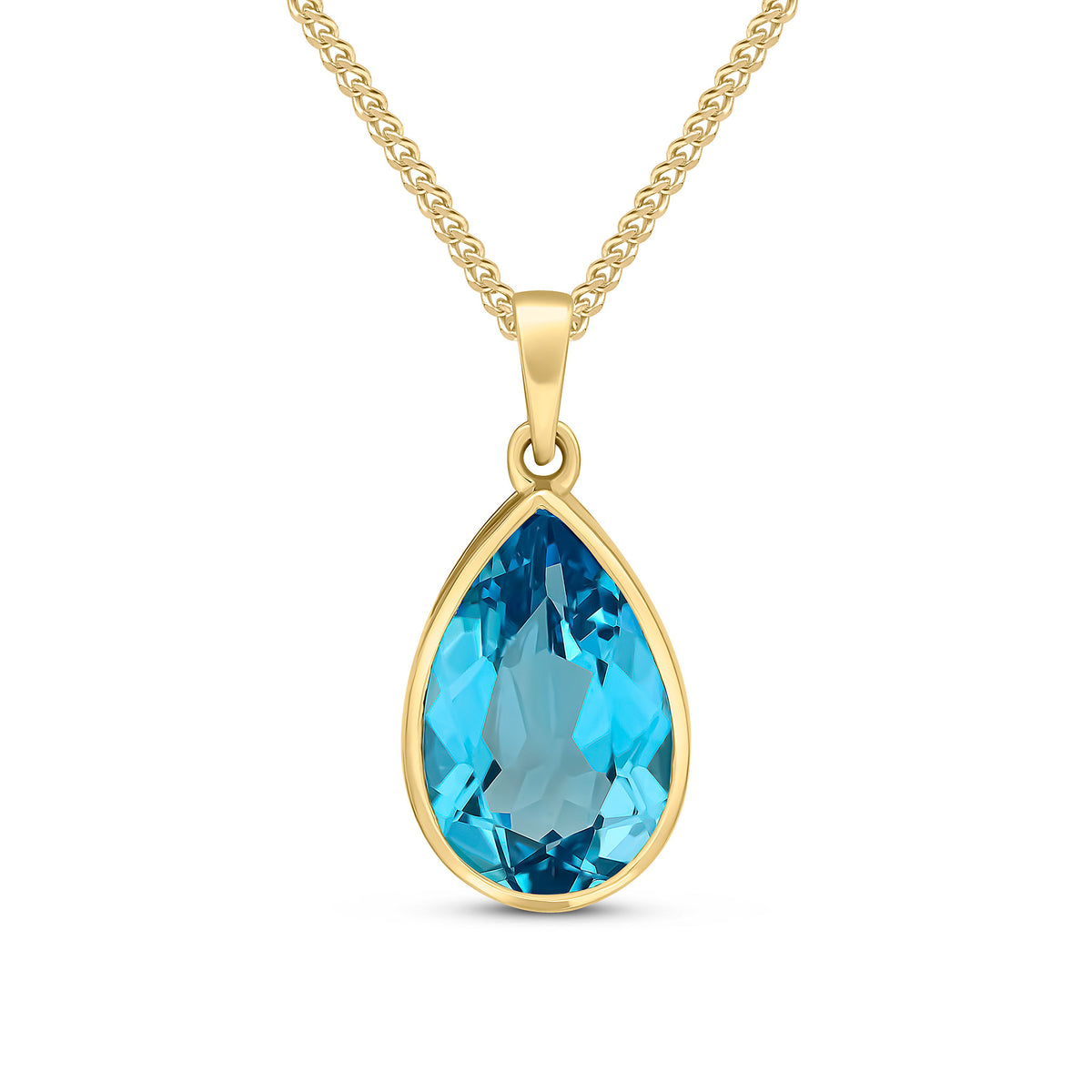 9CT YG 14X9 PEARSHAPE SWISS BLUE TOPAZ RUBOVER PENDANT