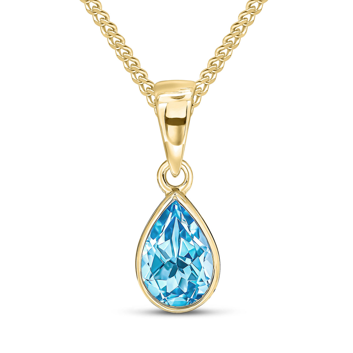 9CT YG 7X5 PEARSHAPE SWISS BLUE TOPAZ RUBOVER PENDANT