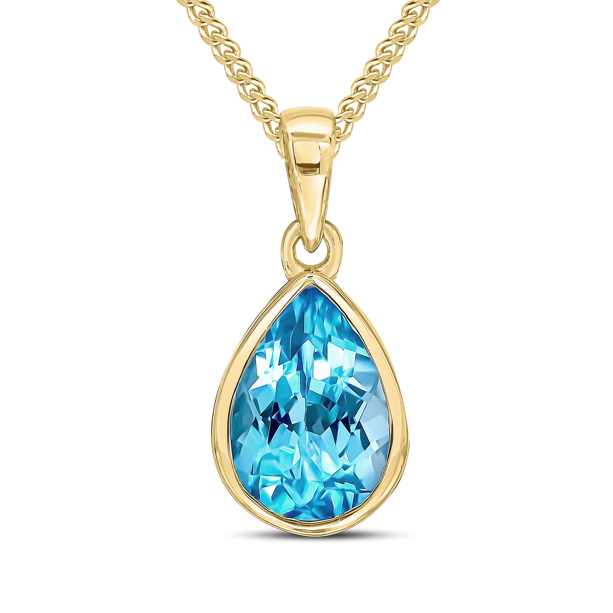 9CT YG 10X7 PEARSHAPE SWISS BLUE TOPAZ RUBOVER PENDANT