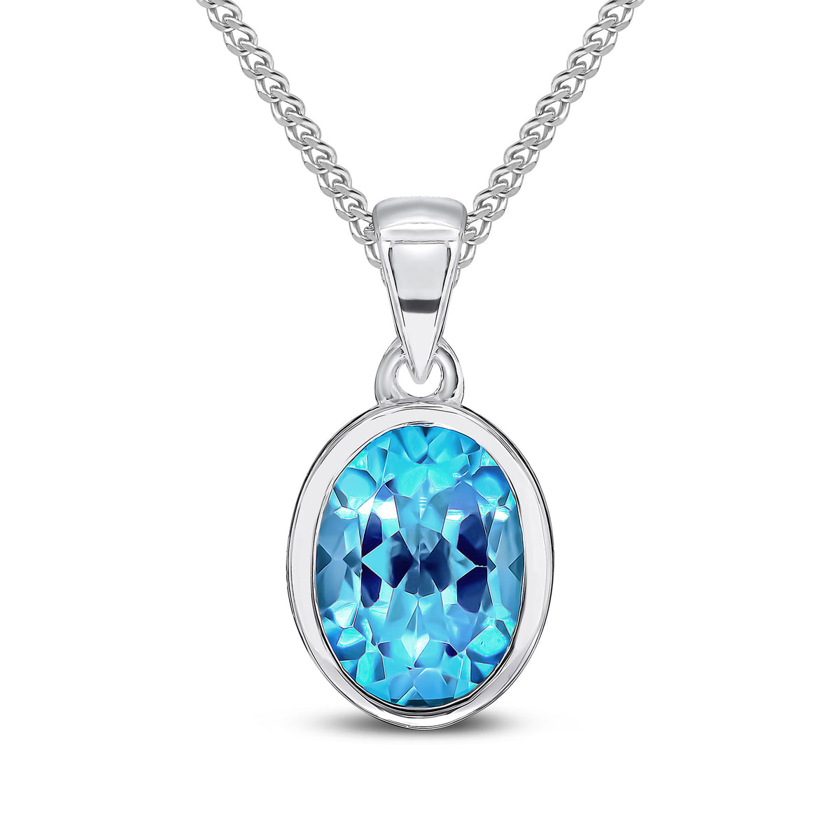 9CT WG 9X7MM OVAL SWISS BLUE TOPAZ SINGLE STONE RUBOVER PENDANT WITH PLAIN LOOP