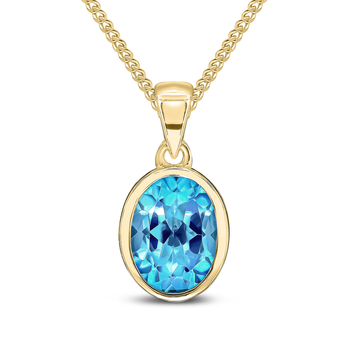 9CT YG 9X7MM OVAL SWISS BLUE TOPAZ SINGLE STONE RUBOVER PENDANT WITH PLAIN LOOP