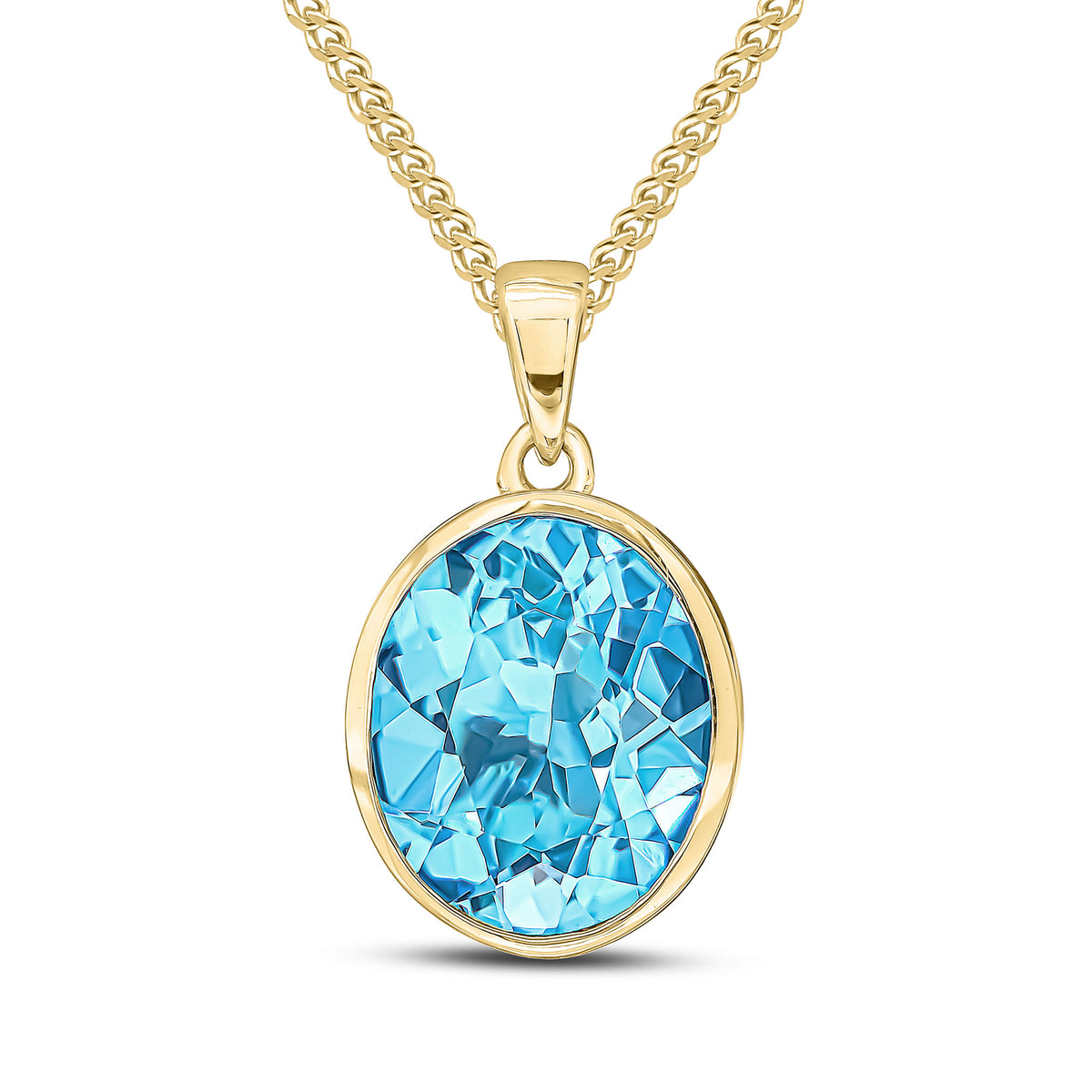 9CT YG 12X10 OVAL SWISS BLUE TOPAZ RUBOVER PENDANT