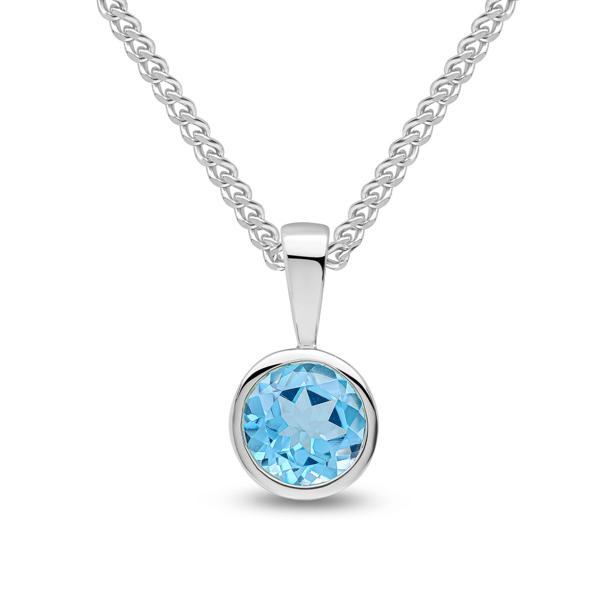9CT WG 6MM ROUND SWISS BLUE TOPAZ RUBOVER PENDANT