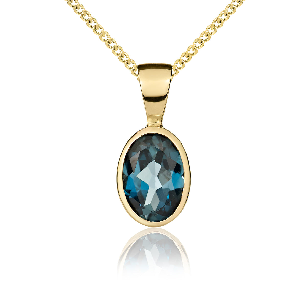 9CT YG 7X5 OVAL LONDON BLUE TOPAZ RUBOVER PENDANT