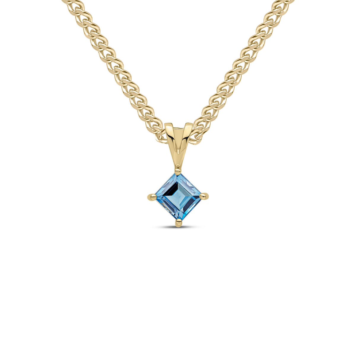 9CT YG 5MM SQUARE LONDON BLUE TOPAZ CLAW SET PENDANT WITH SPLIT LOOP
