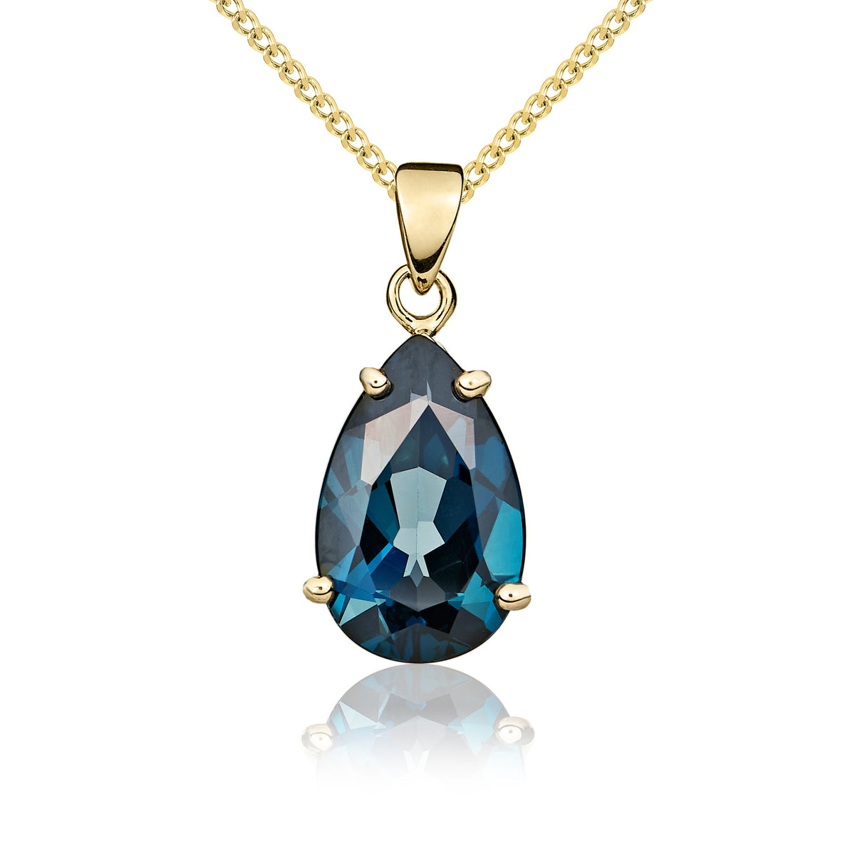 9CT YG 14X9 PEARSHAPE LONDON BLUE TOPAZ CLAW SET PENDANT