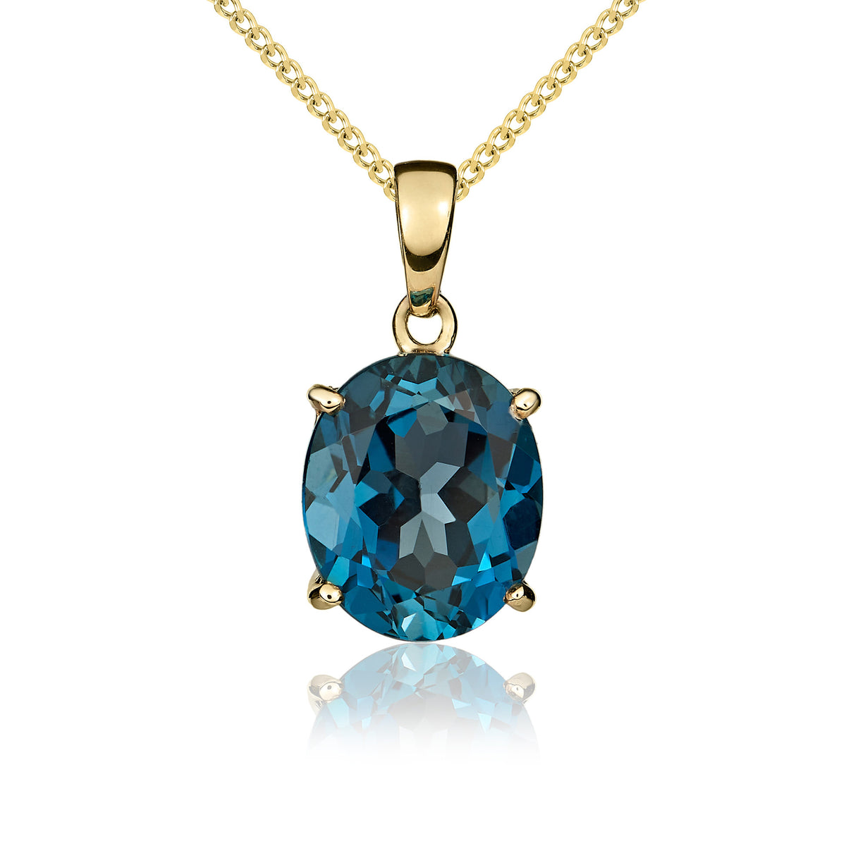 9CT YG 12X10 OVAL LONDON BLUE TOPAZ CLAW SET PENDANT