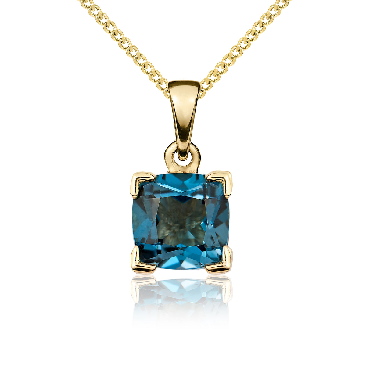 9CT YG 8MM CUSHION LONDON BLUE TOPAZ CLAW SET PENDANT