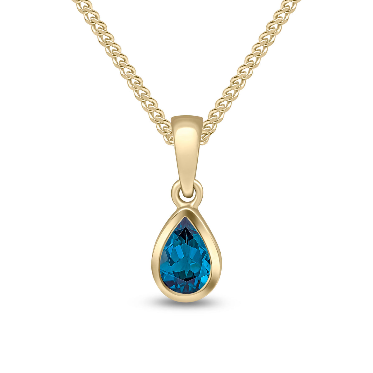 9CT YG 6X4 PEARSHAPE LONDON BLUE TOPAZ RUBOVER SINGLE STONE PENDANT