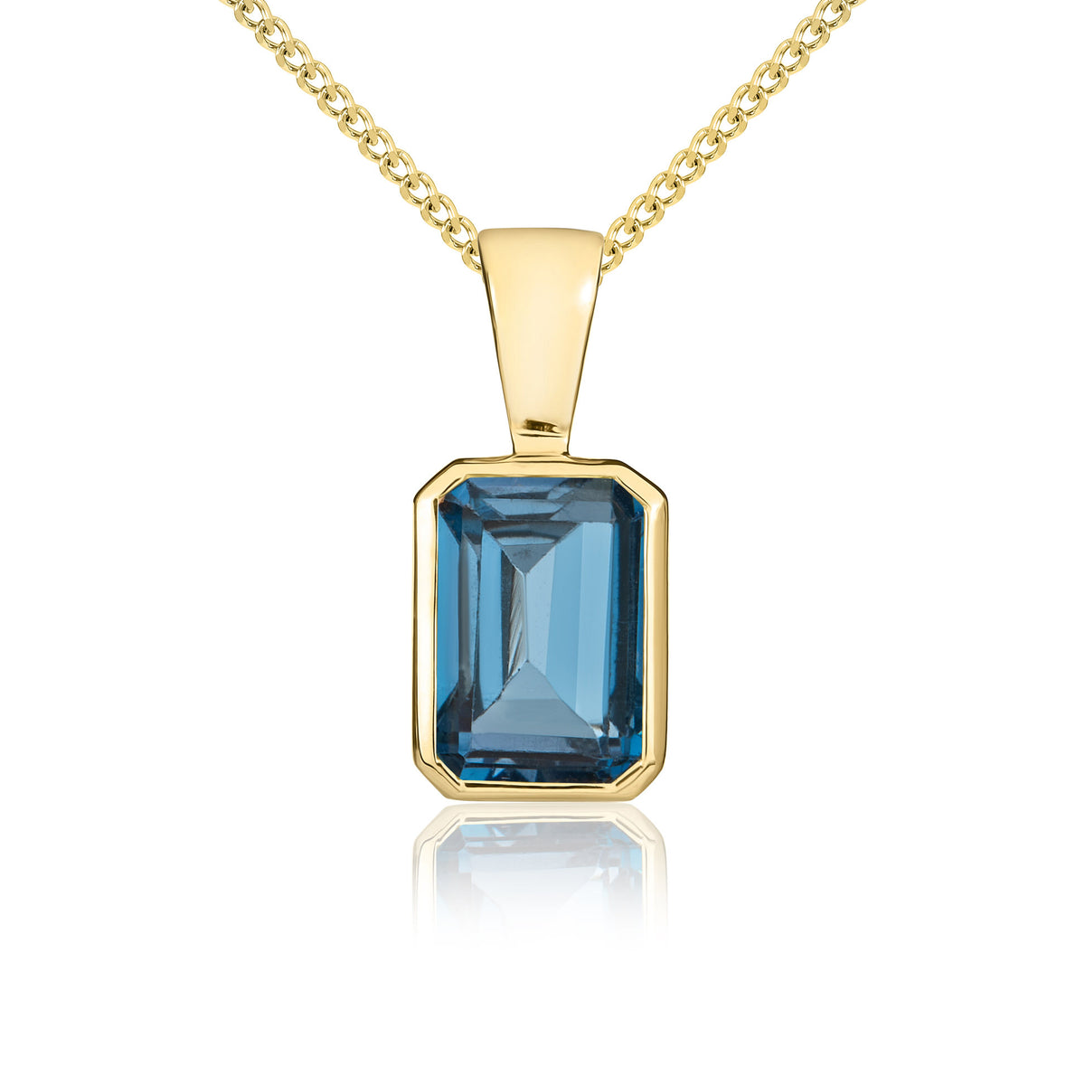 9CT YG 7X5MM OCTAGON LONDON BLUE TOPAZ RUBOVER PENDANT