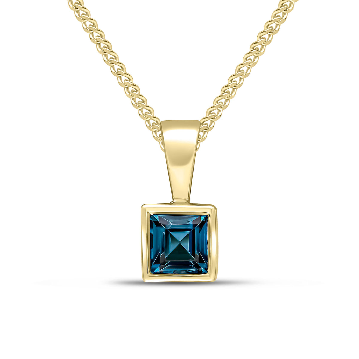 9CT YELLOW GOLD 4MM SQUARE LONDON BLUE TOPAZ RUBOVER PENDANT