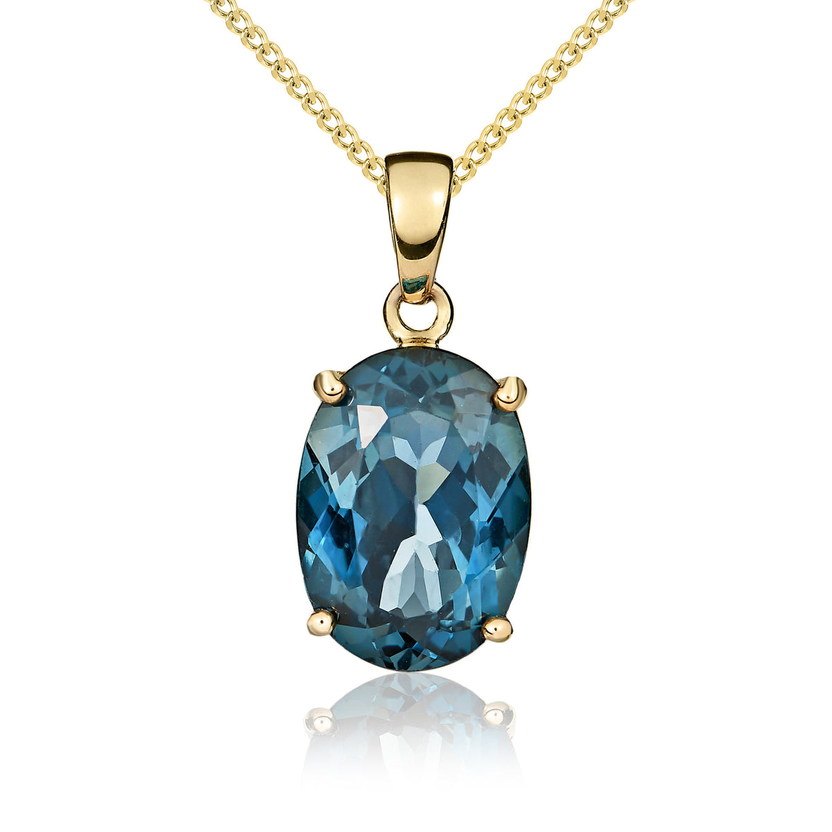 9CT YG 14X10 OVAL LONDON BLUE TOPAZ CLAW SET PENDANT