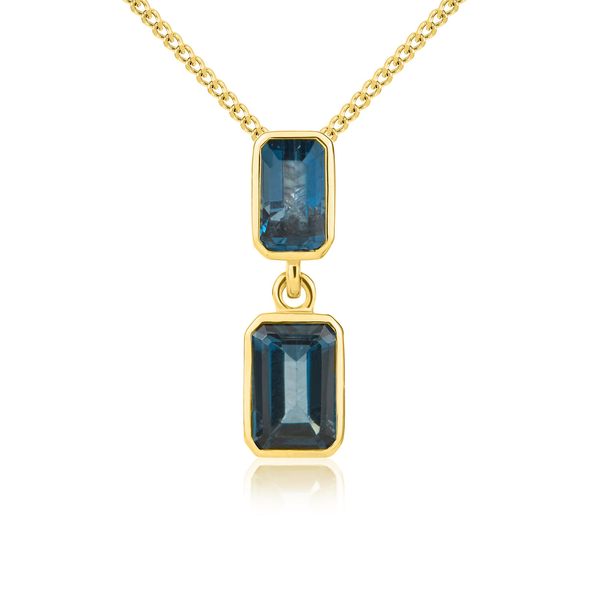 9CT YG OCTAGON LONDON BLUE TOPAZ 2ST RUBOVER DROP PENDANT