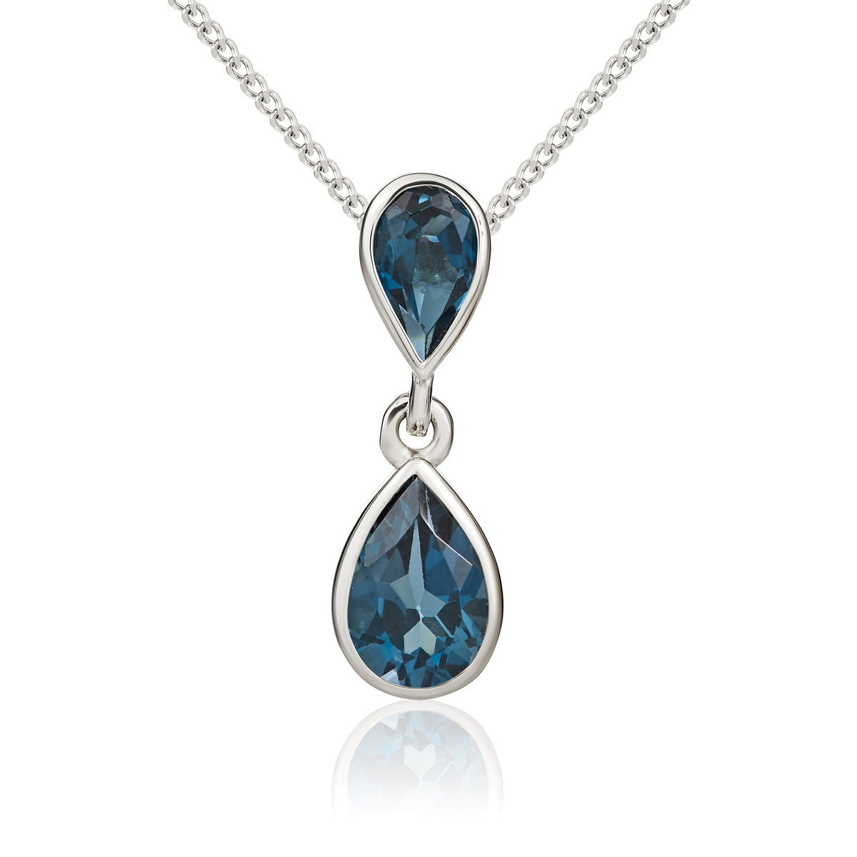 9CT WG PEARSHAPE LONDON BLUE TOPAZ RUBOVER 2ST DROP PENDANT