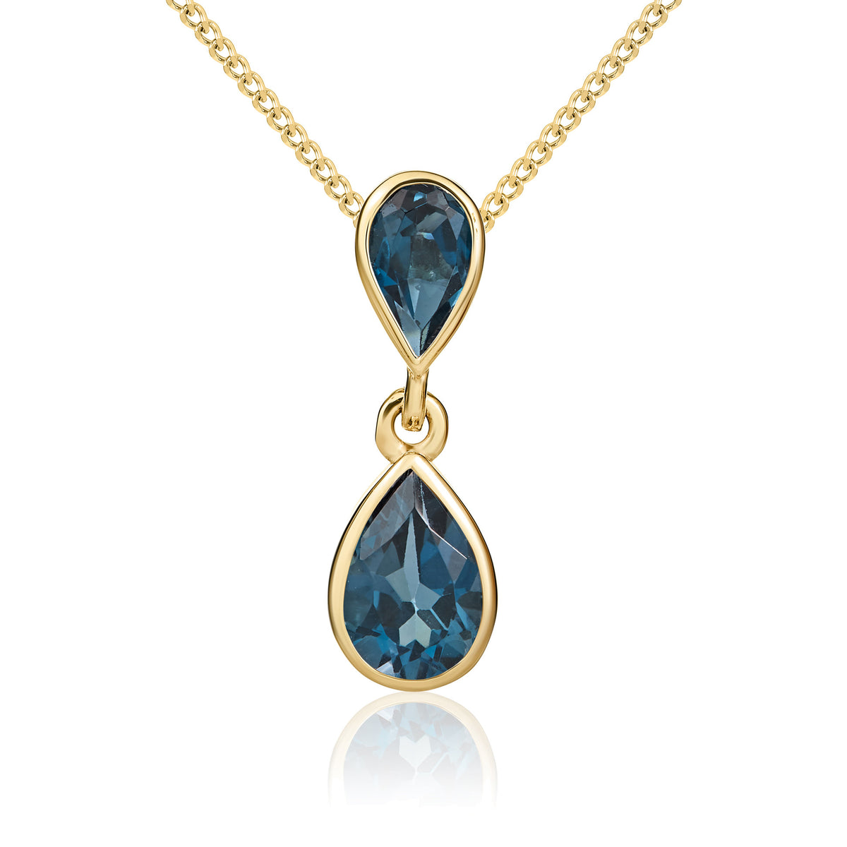 9CT YG PEARSHAPE LONDON BLUE TOPAZ RUBOVER 2ST DROP PENDANT