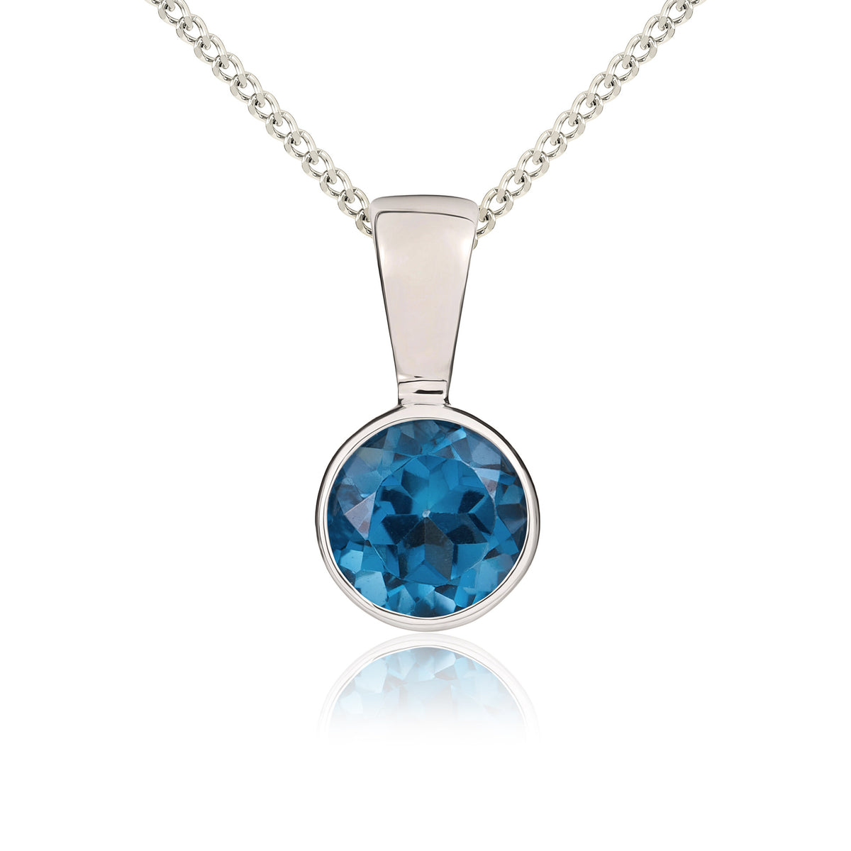 9CT WG 5MM ROUND LONDON BLUE TOPAZ RUBOVER PENDANT