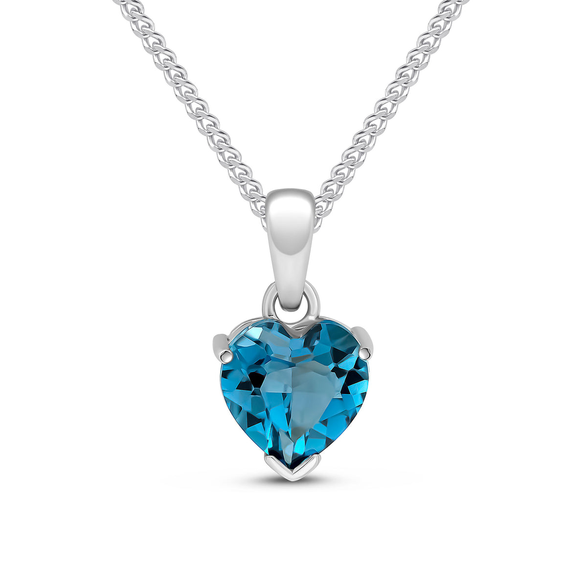 9CT WHITE GOLD 8MM LONDON BLUE TOPAZ CLAW SET HEART PENDANT