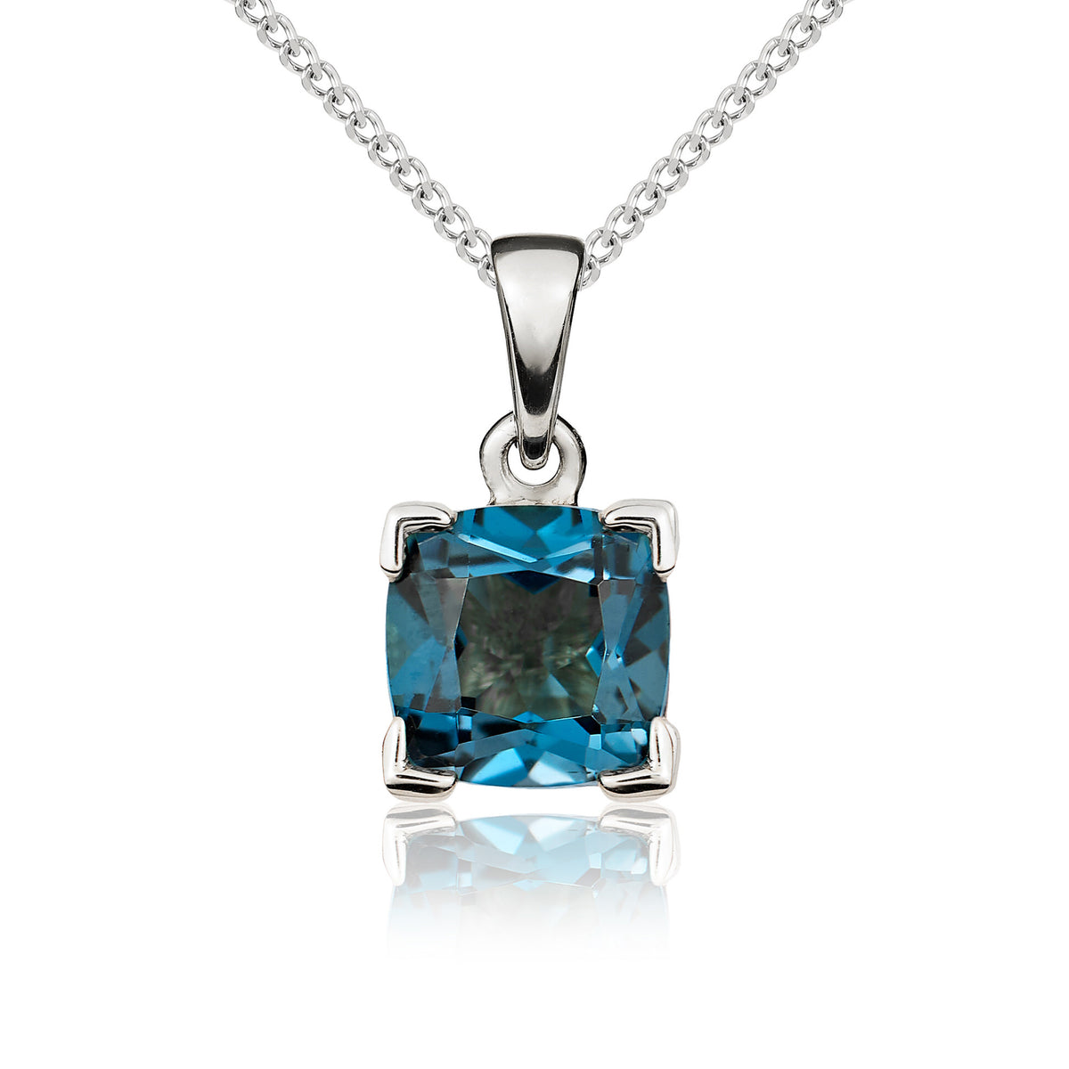 9CT WG 8MM CUSHION LONDON BLUE TOPAZ CLAW SET PENDANT
