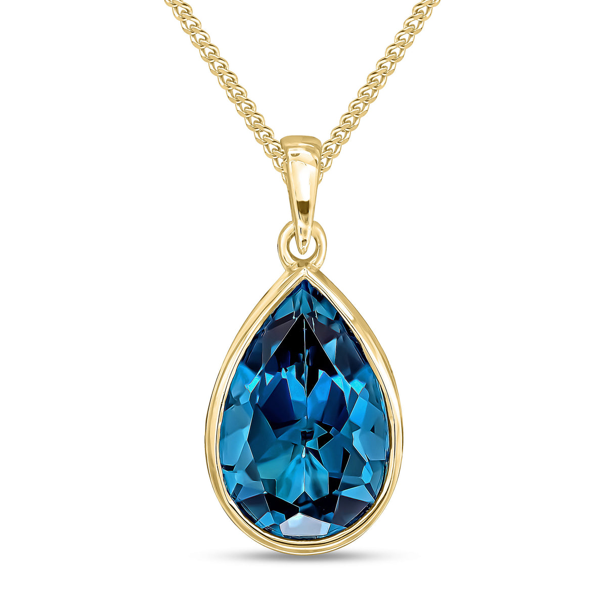 9CT YG 14X9 PEARSHAPE LONDON BLUE TOPAZ RUBOVER PENDANT