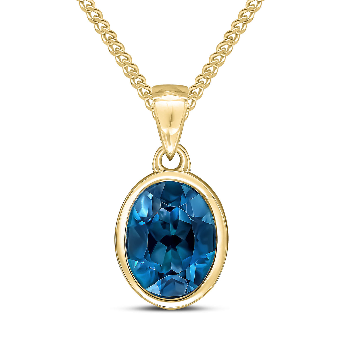 9CT YG 9X7MM OVAL LONDON BLUE TOPAZ SINGLE STONE RUBOVER PENDANT WITH PLAIN LOOP