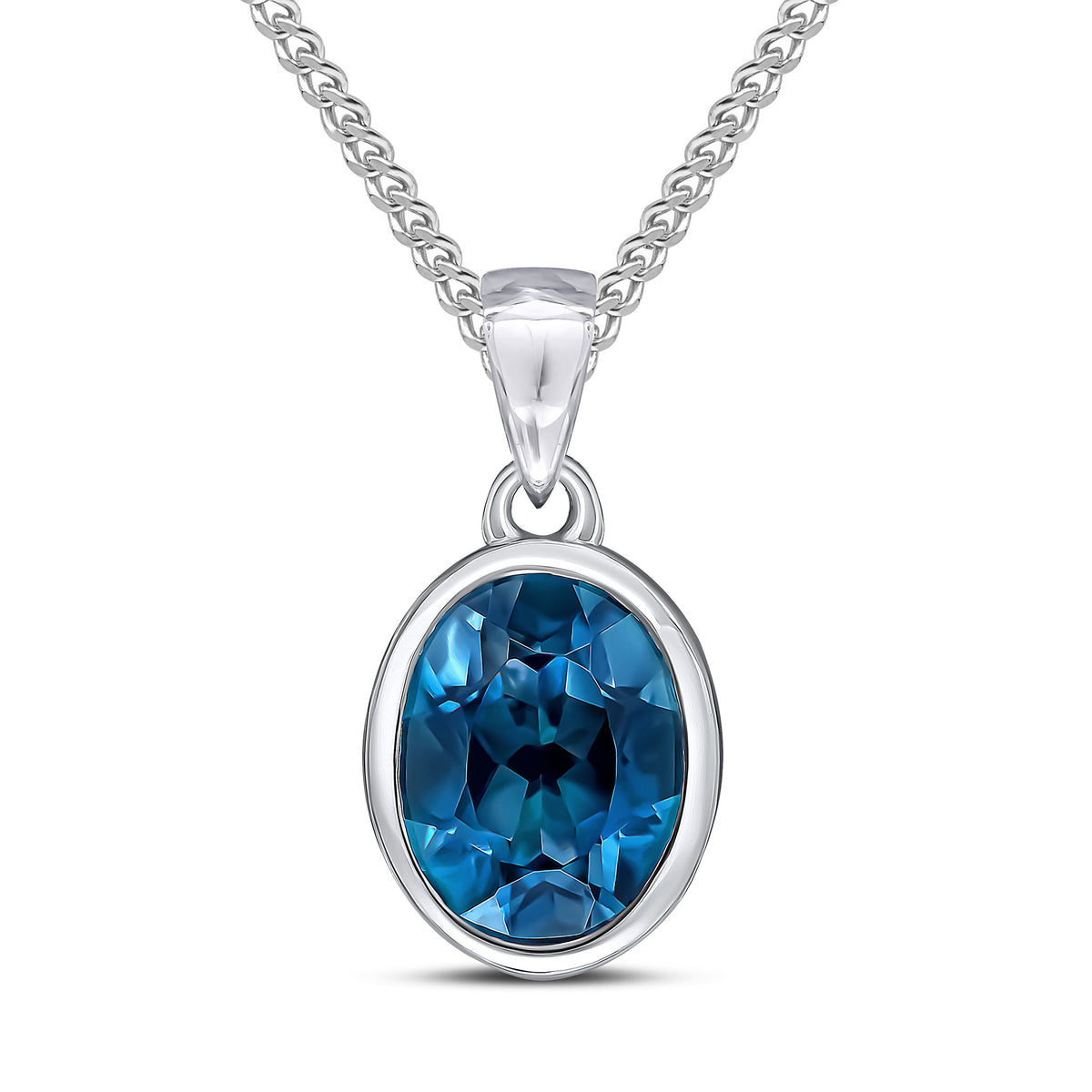 9CT WG 9X7MM OVAL LONDON SWISS BLUE SINGLE STONE RUBOVER PENDANT WITH PLAIN LOOP