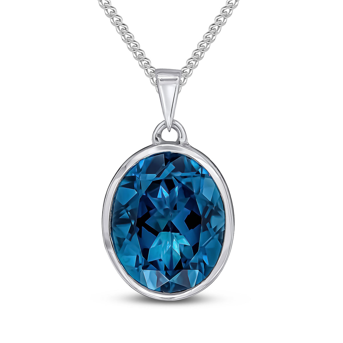 9CT WG 12X10 OVAL  LONDON BLUE TOPAZ RUBOVER PENDANT