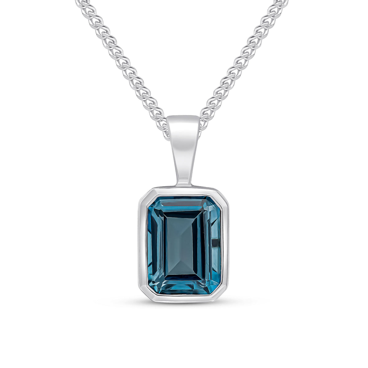 9CT WG 8X6 OCTAGON LONDON BLUE TOPAZ RUBOVER PENDANT