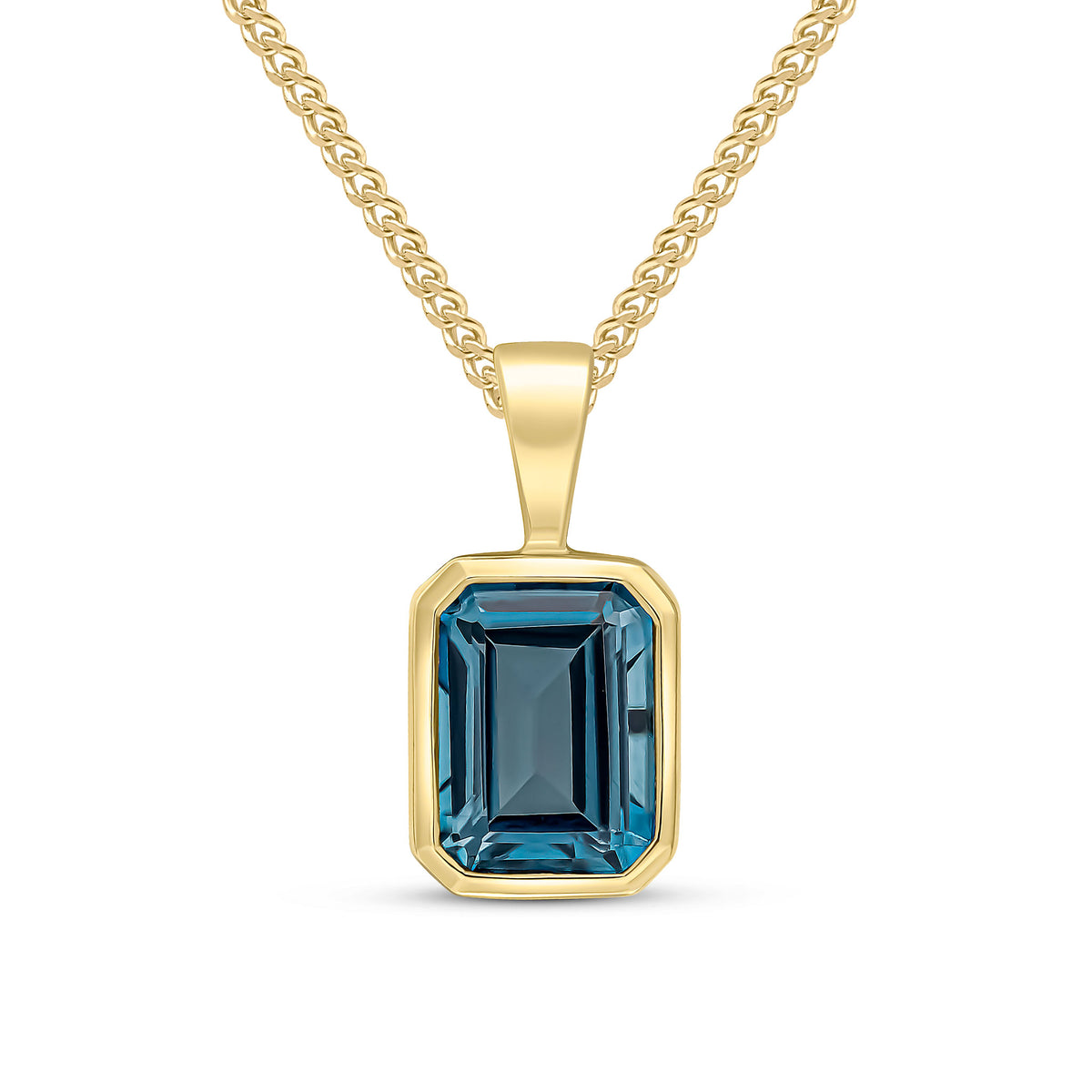9CT YG 8X6 OCTAGON LONDON BLUE TOPAZ RUBOVER PENDANT