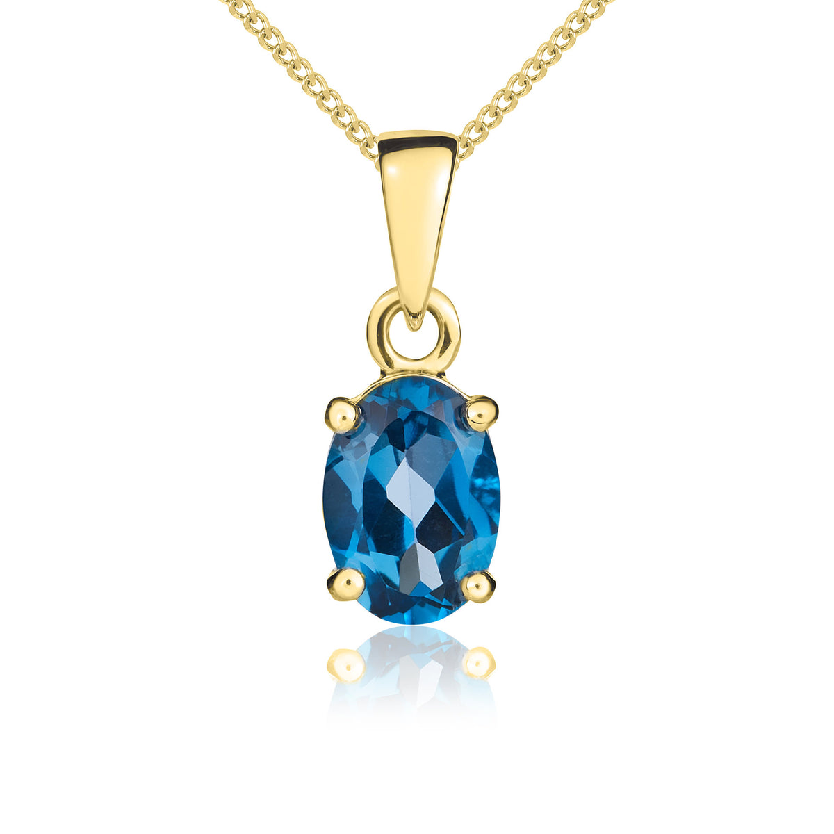 9CT YG 7X5 OVAL LONDON BLUE TOPAZ 4 CLAW PENDANT