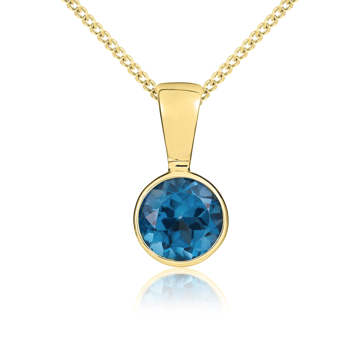 9CT YG 5MM ROUND LONDON BLUE TOPAZ RUBOVER PENDANT