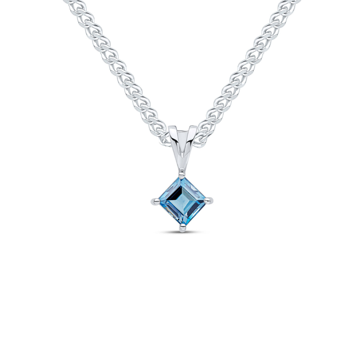 9CT WHITE GOLD 5MM SQUARE LONDON BLUE TOPAZ CLAW SET PENDANT WITH SPLIT LOOP