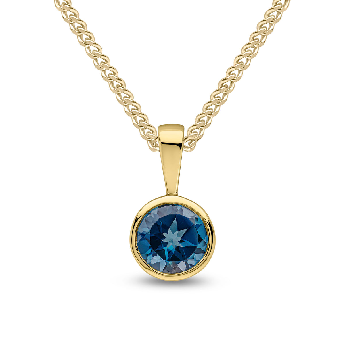 9CT YG 6MM ROUND LONDON BLUE TOPAZ RUBOVER PENDANT