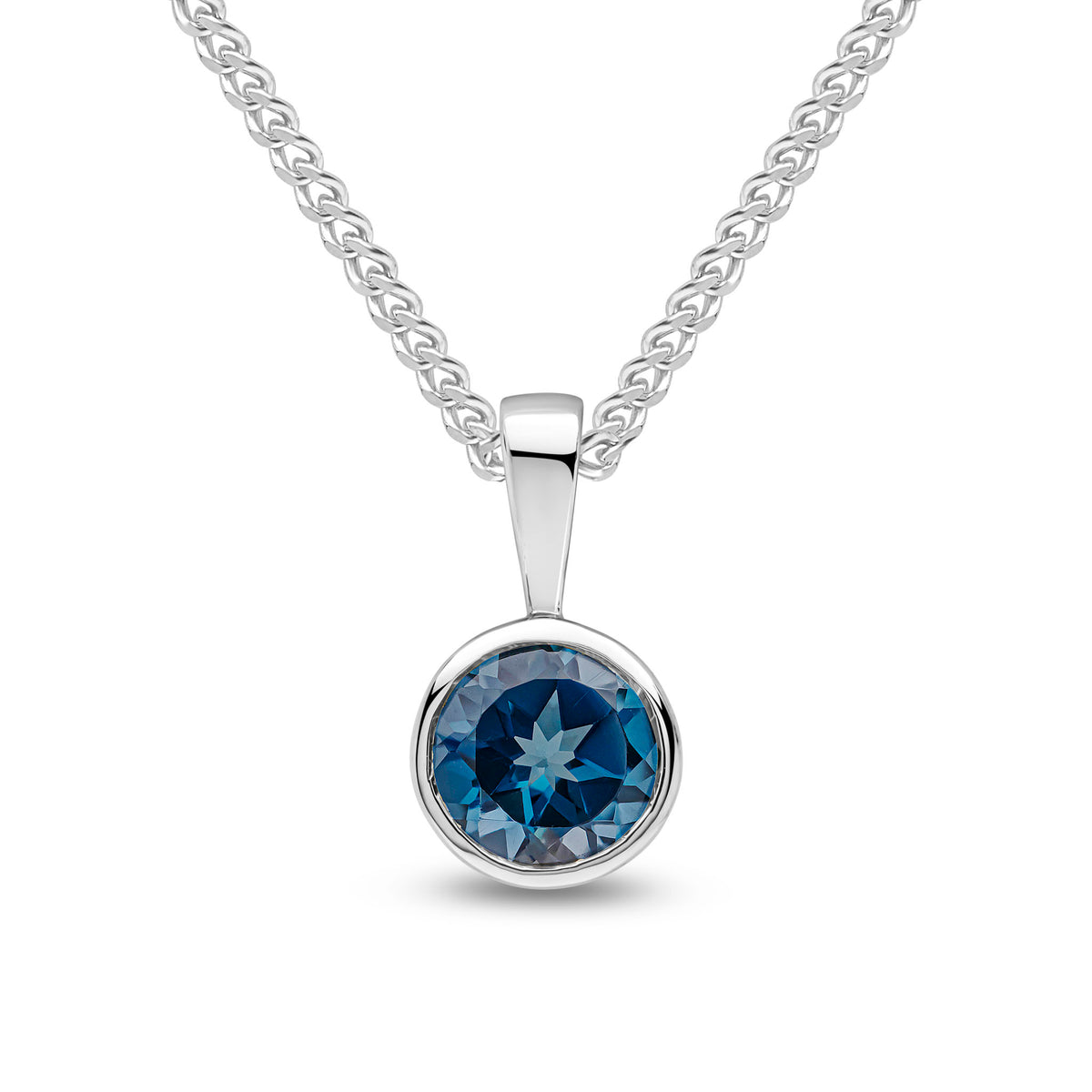9CT WG 6MM ROUND LONDON BLUE TOPAZ RUBOVER PENDANT