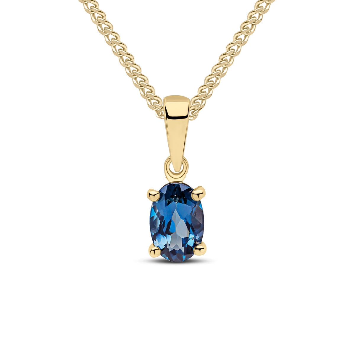 9CT YG 6X4 OVAL LONDON BLUE TOPAZ CLAW PENDANT