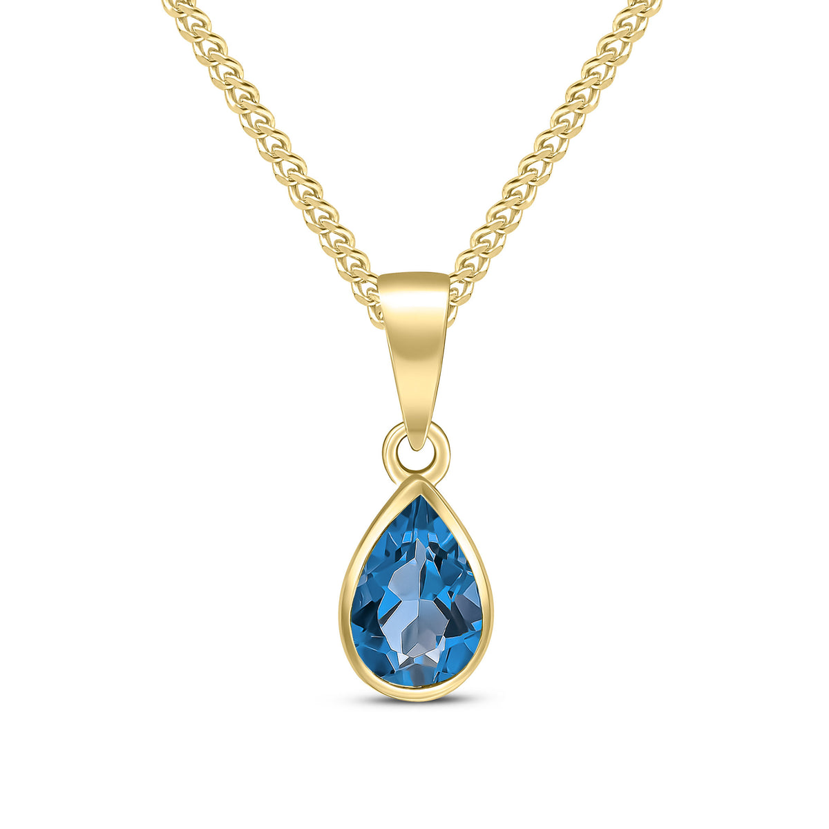 9CT YG 7X5 PEARSHAPE LONDON BLUE TOPAZ RUBOVER PENDANT