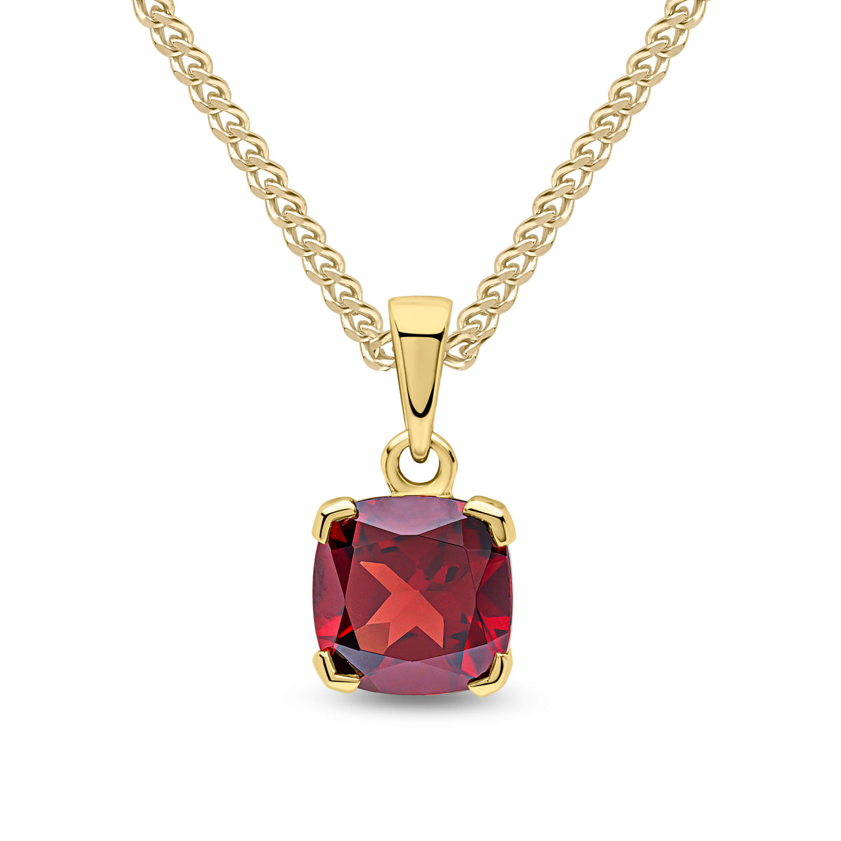 9CT YG 8MM CUSHION GARNET CLAW SET PENDANT