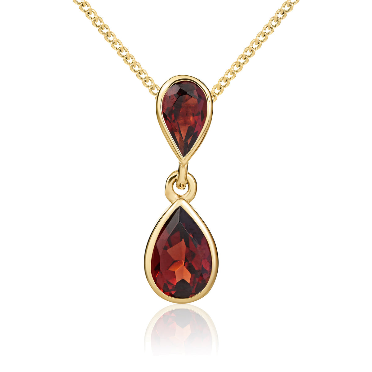 9CT YG PEARSHAPE GARNET RUBOVER 2ST DROP PENDANT
