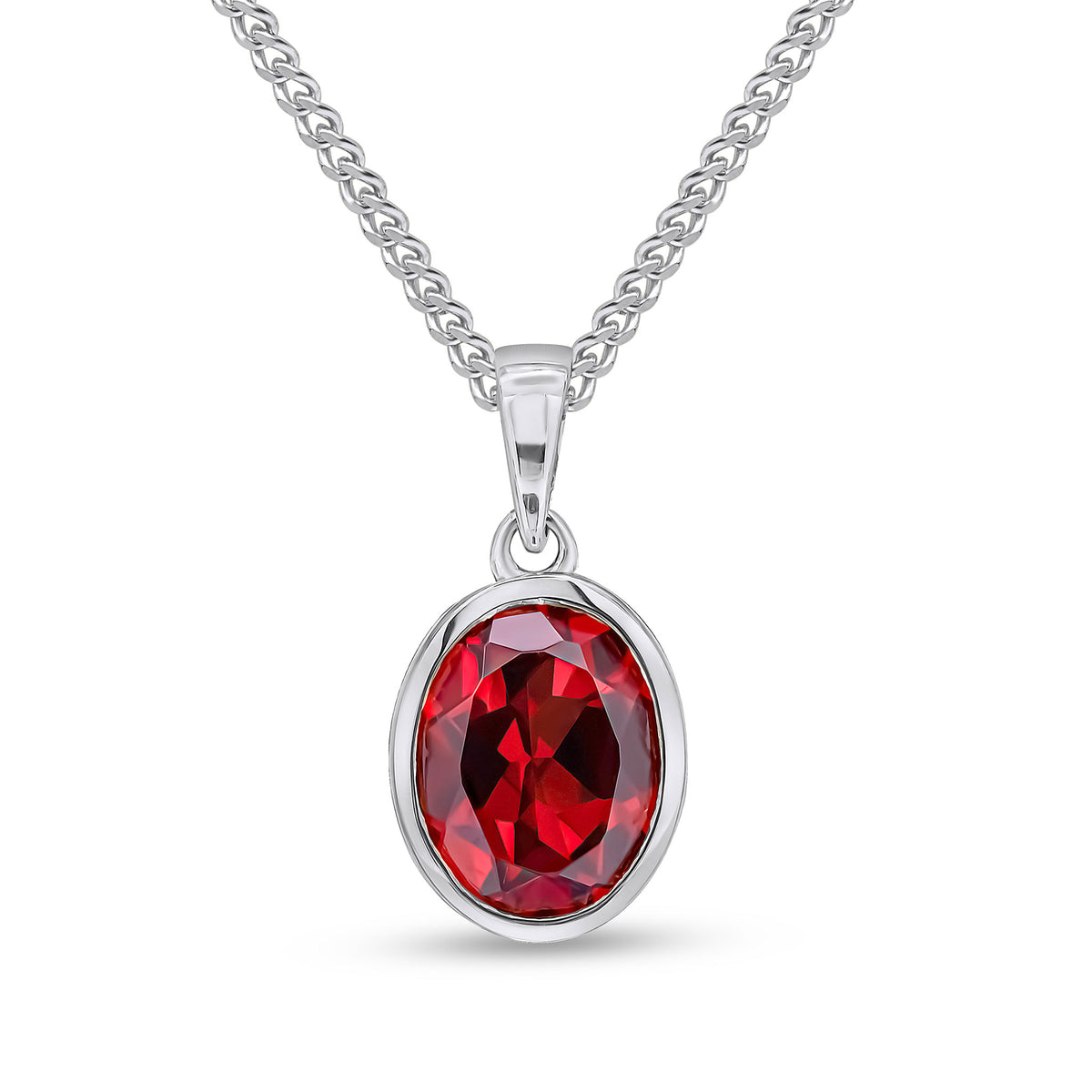 9CT WG 9X7MM OVAL GARNET SINGLE STONE RUBOVER PENDANT WITH PLAIN LOOP