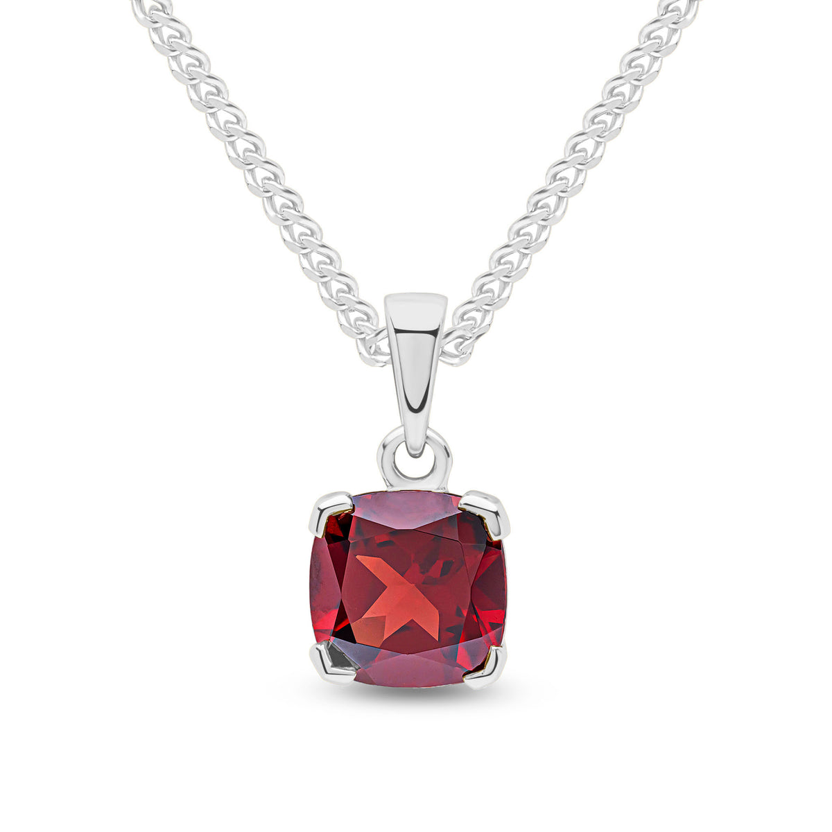 9CT WG 8MM CUSHION GARNET CLAW SET PENDANT