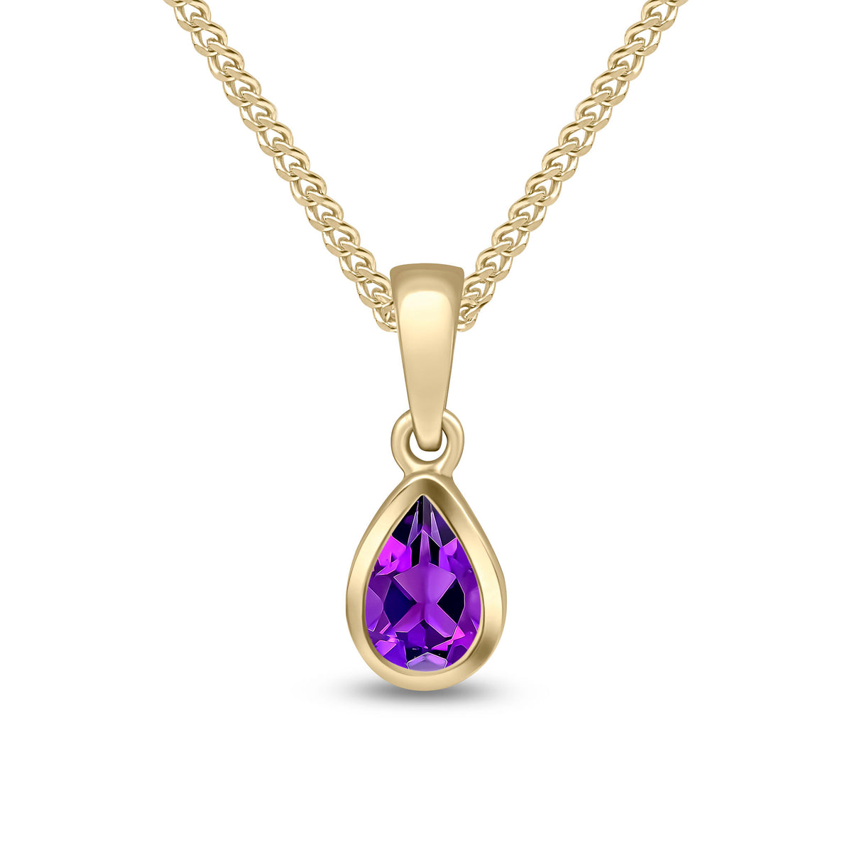 9CT YG 6X4 PEARSHAPE AMETHYST RUBOVER SINGLE STONE PENDANT