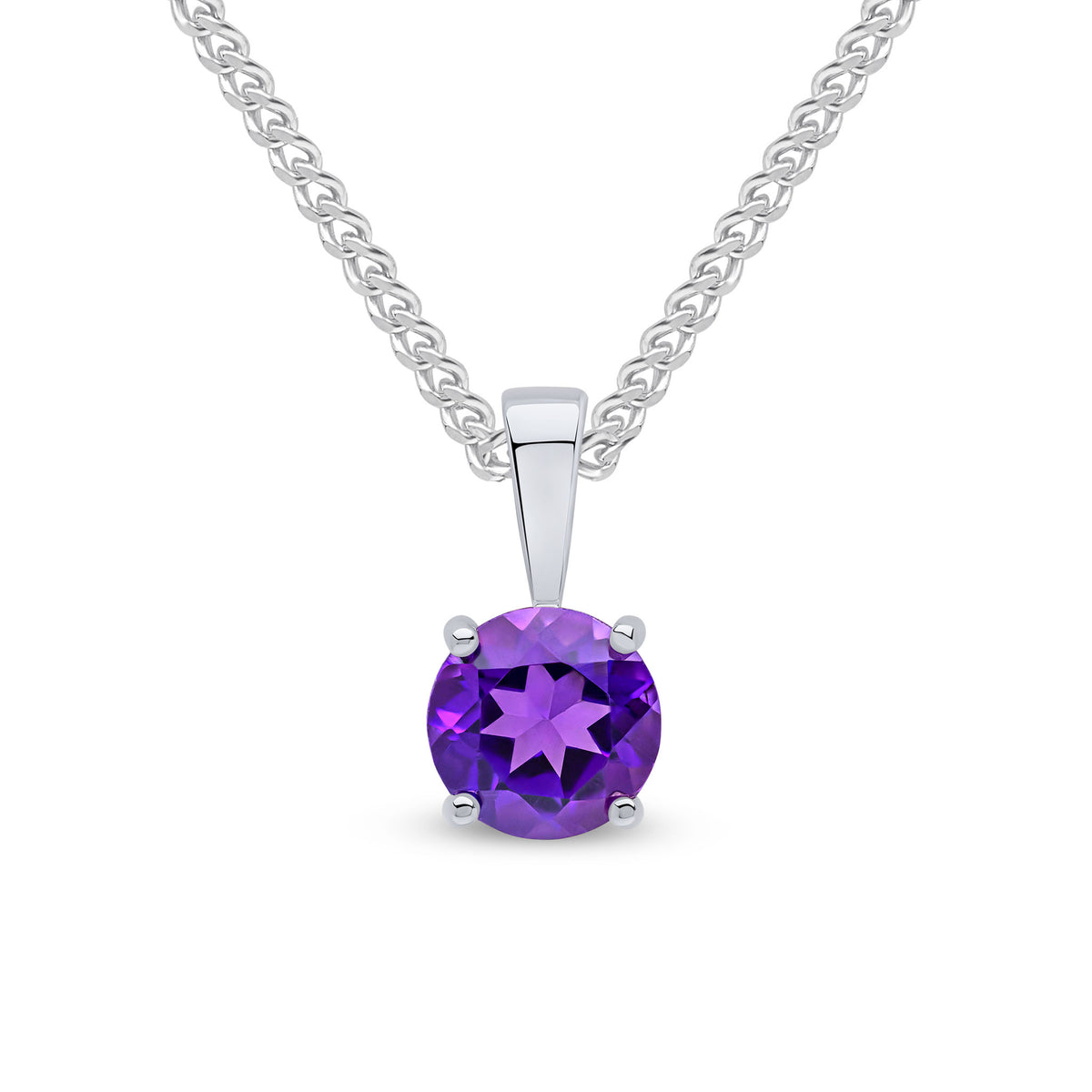 9CT WG 6MM ROUND AMETHYST 4 CLAW PENDANT