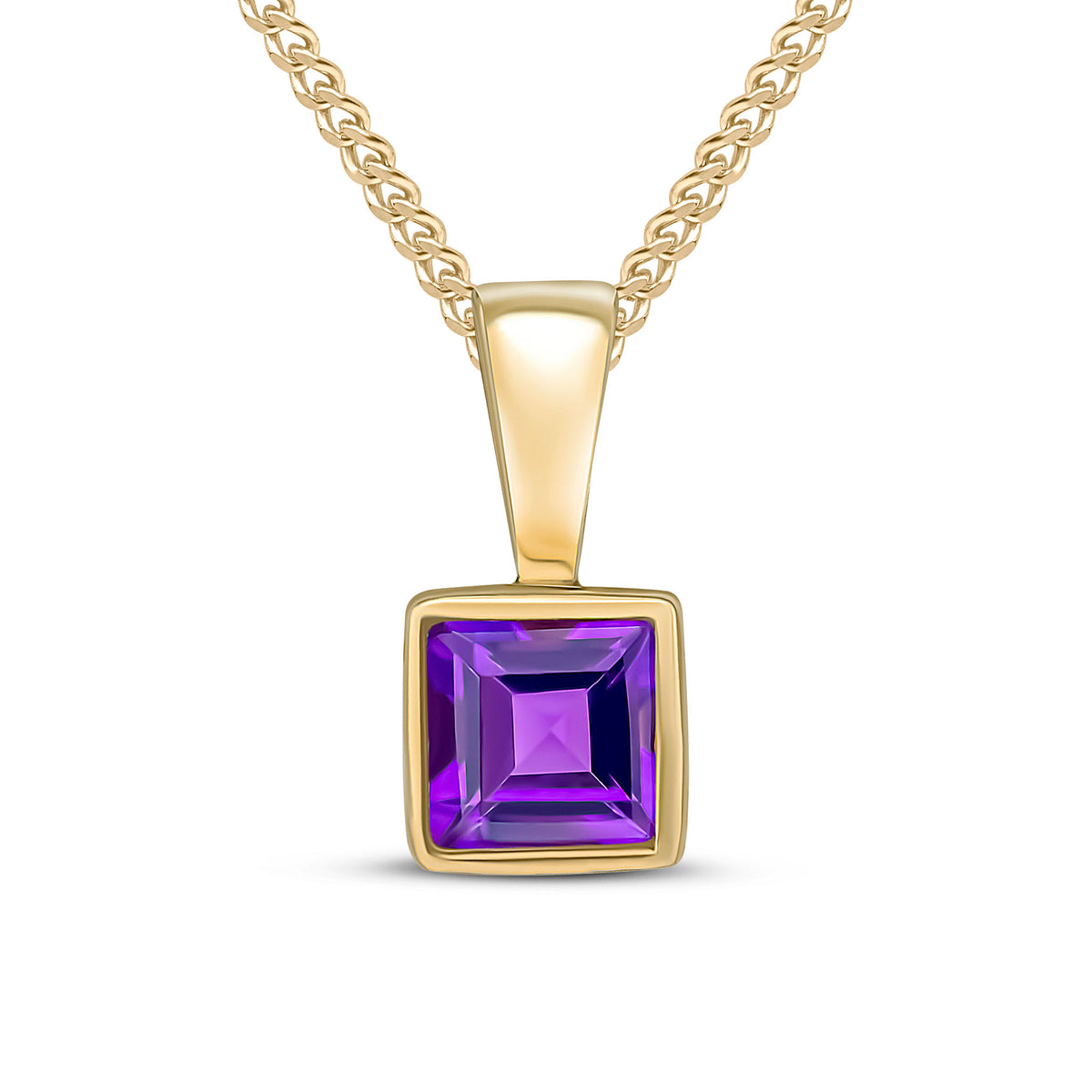 9CT YG 4MM SQUARE AMETHYST RUBOVER PENDANT