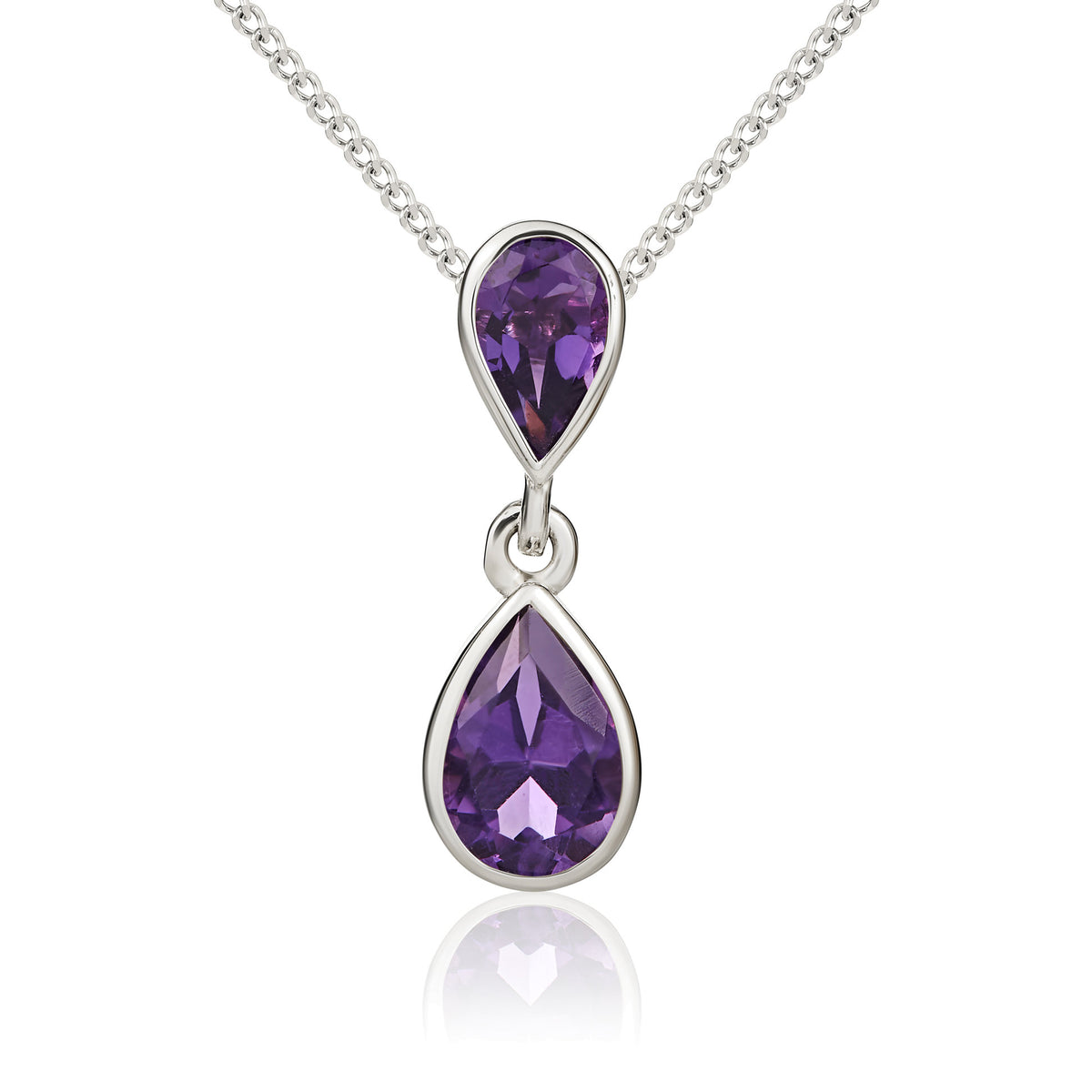 9CT WG PEARSHAPE AMETHYST RUBOVER 2ST DROP PENDANT